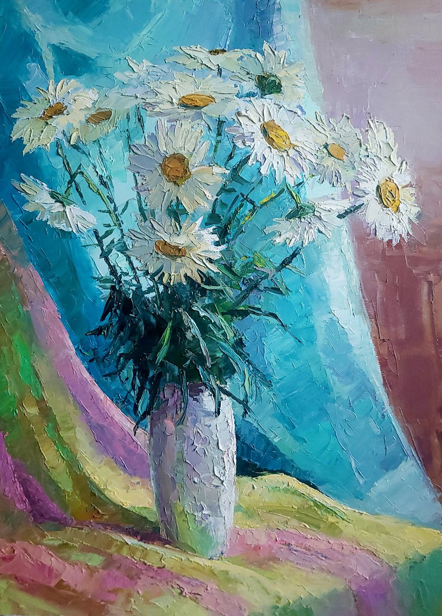 Impressionistic Still Life Oil Painting By Boris Serdyuk, 20 X 28, Chamomile, Original Artwork