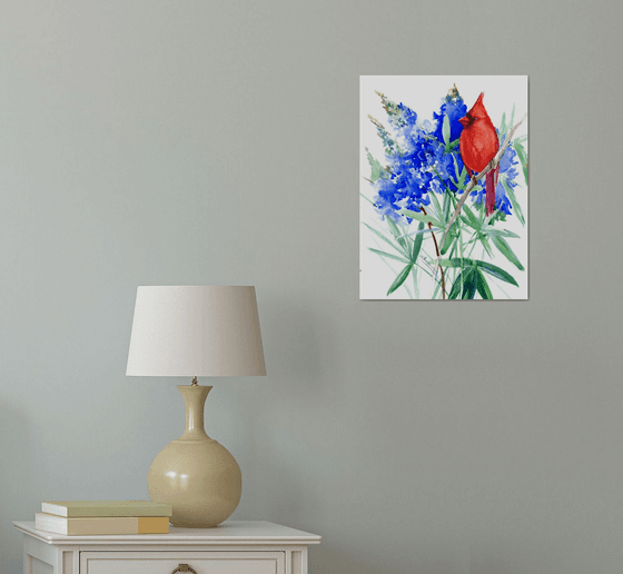 Red Cardinal and Bluebonnet Flowers