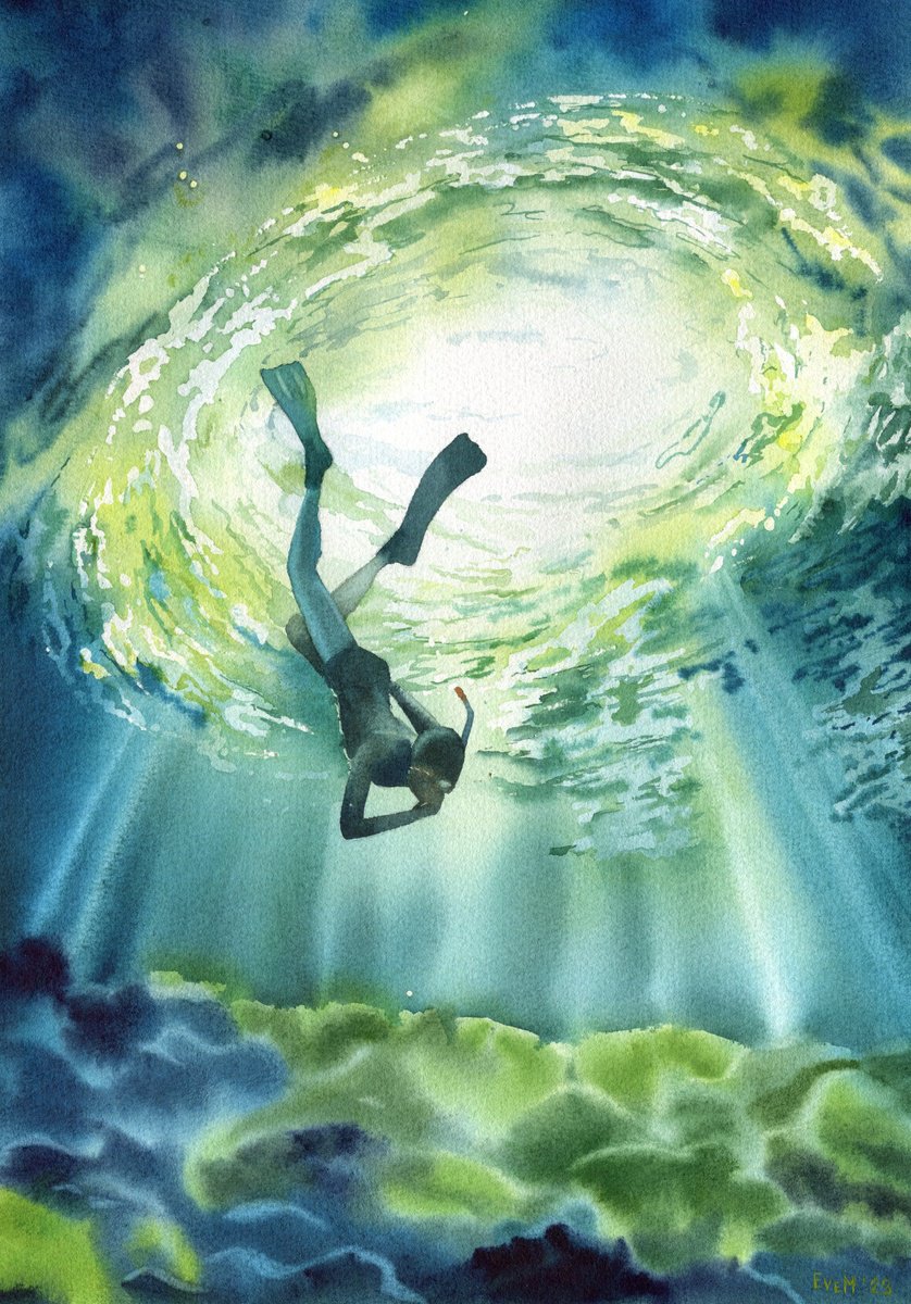 Diver diving into the sea. Original artwork. by Evgeniya Mokeeva