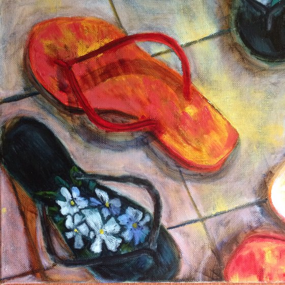 Original oil painting with flipflops - Shoes square canvas wall art - Contemporary portrait