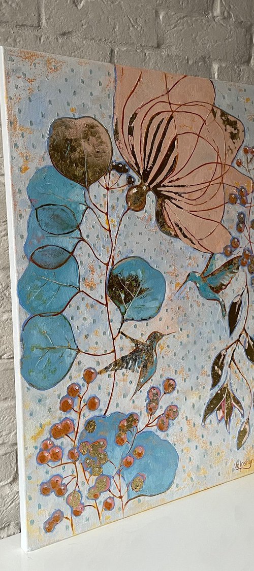 "A pair of hummingbirds" original oil painting by Mary Voloshyna