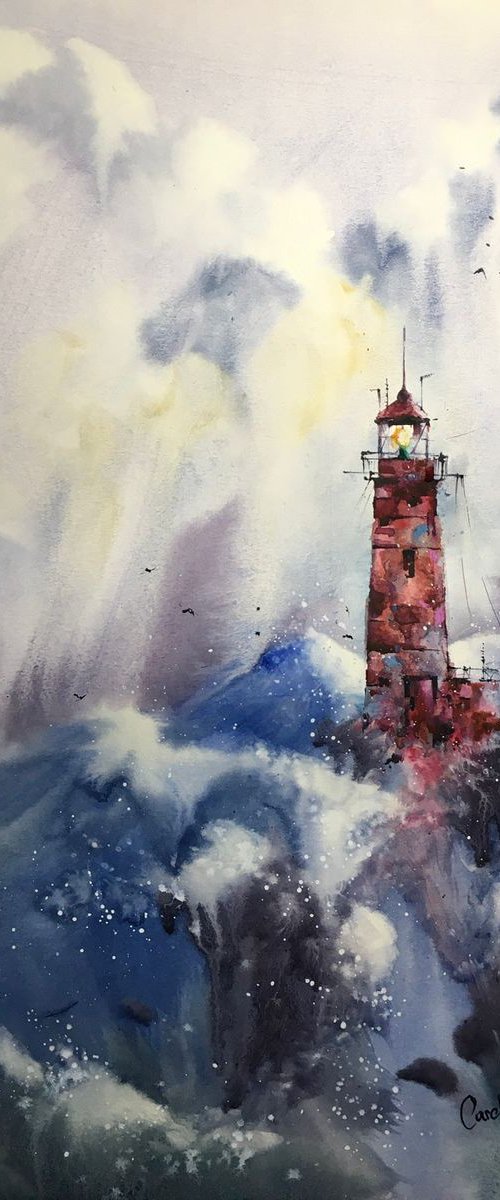 SOLD Watercolor "Sea storm. Red lighthouse” by Iulia Carchelan
