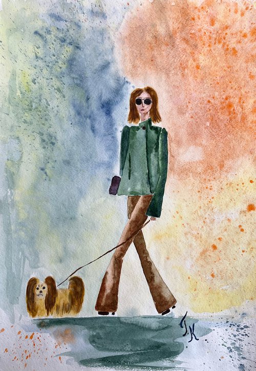Lady Painting Dog Original Art Woman Watercolor Walking the Dog Artwork Pet Small Animal Wall Art 12 by 17" by Halyna Kirichenko by Halyna Kirichenko