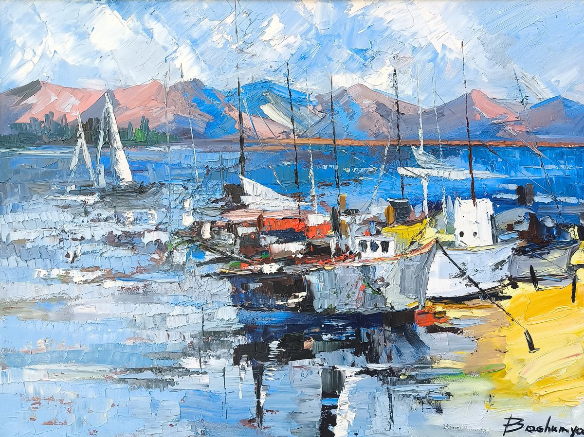 Impressionistic Landscape Oil Painting By Vahe Bagumyan, 31 X 24", Reflections Of The Harbor, Original Artwork