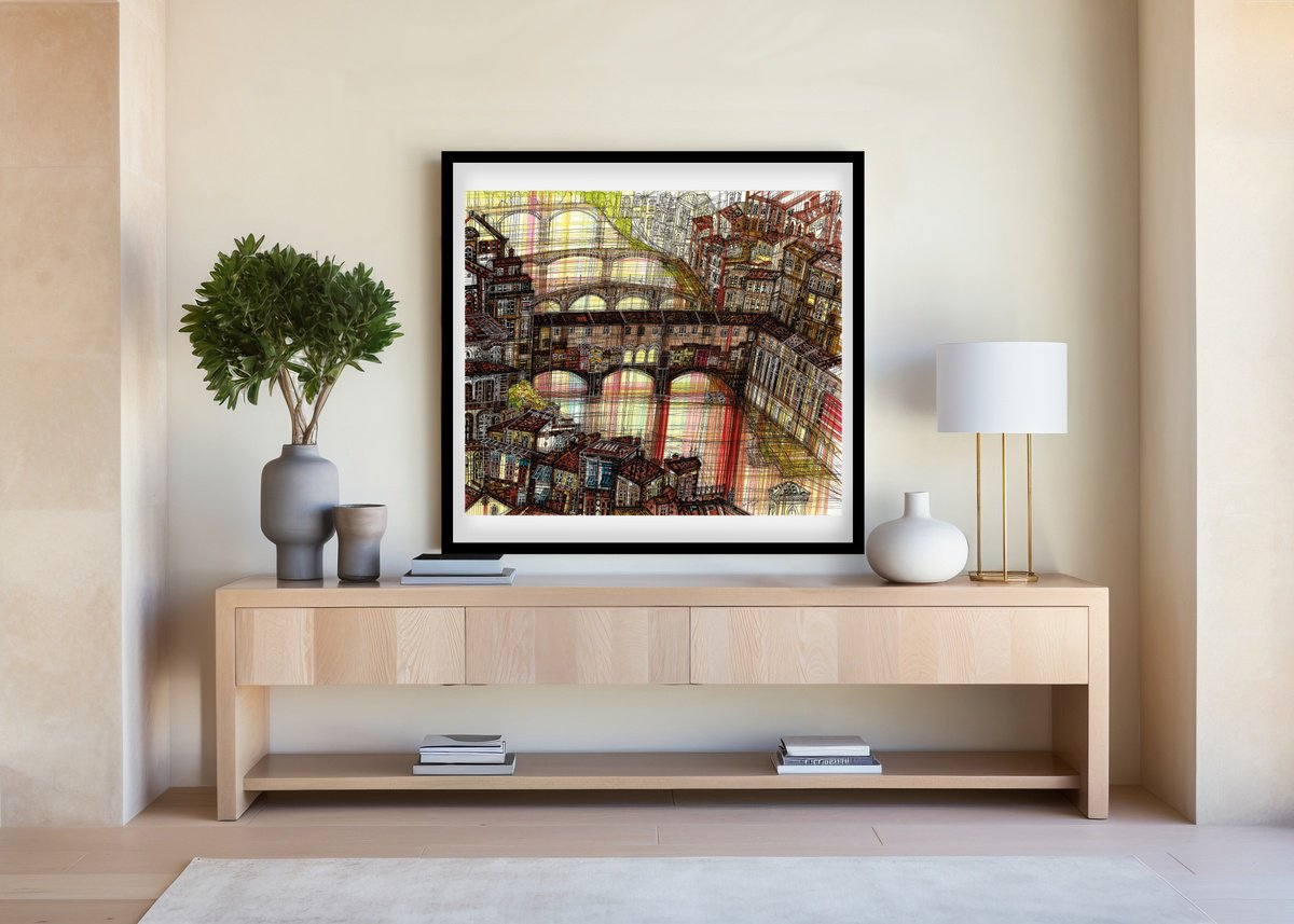 Impressionistic Cityscapes Drawing By Maria Susarenko, 36 X 31", Ponte Vecchio, Original Artwork