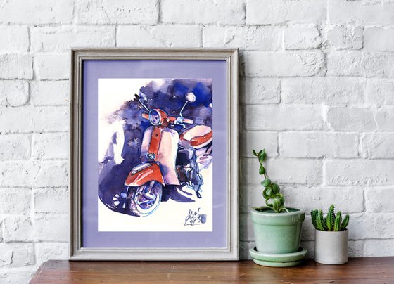 "Retro scooter. White with a red stripe" - watercolor sketch - series "Artist's Diary"