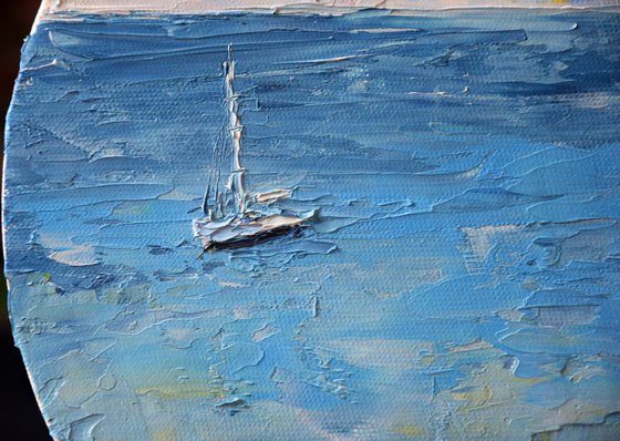 Round oil painting with palette knife Mediterranean Sea