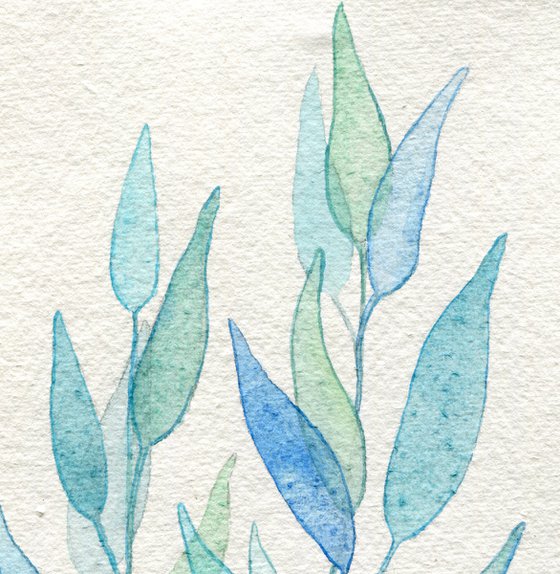 Original watercolor artwork of blue herbs on handmade cotton paper with rough edge