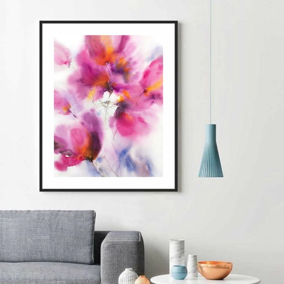 Purple abstract watercolor floral painting Fuchsia