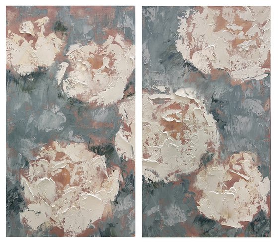 Abstract Peonies Diptych Painting.
