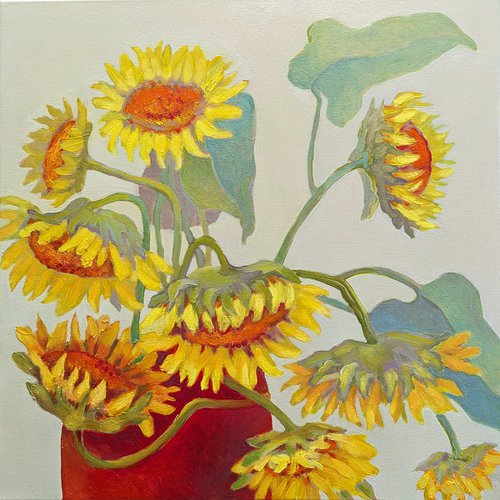 Red wase with Sunflowers. by Veta  Barker