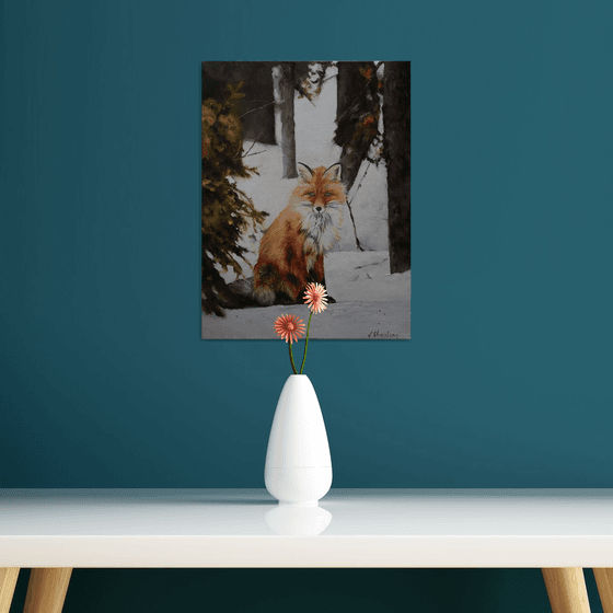 Red Fox Portrait Original Painting on Canvas - Winter Woodland Animal Wall Art