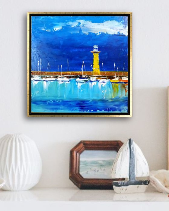 Tranquil Bay on Garda Lake, Italy Seascape, Lighthouse, Oil Painting