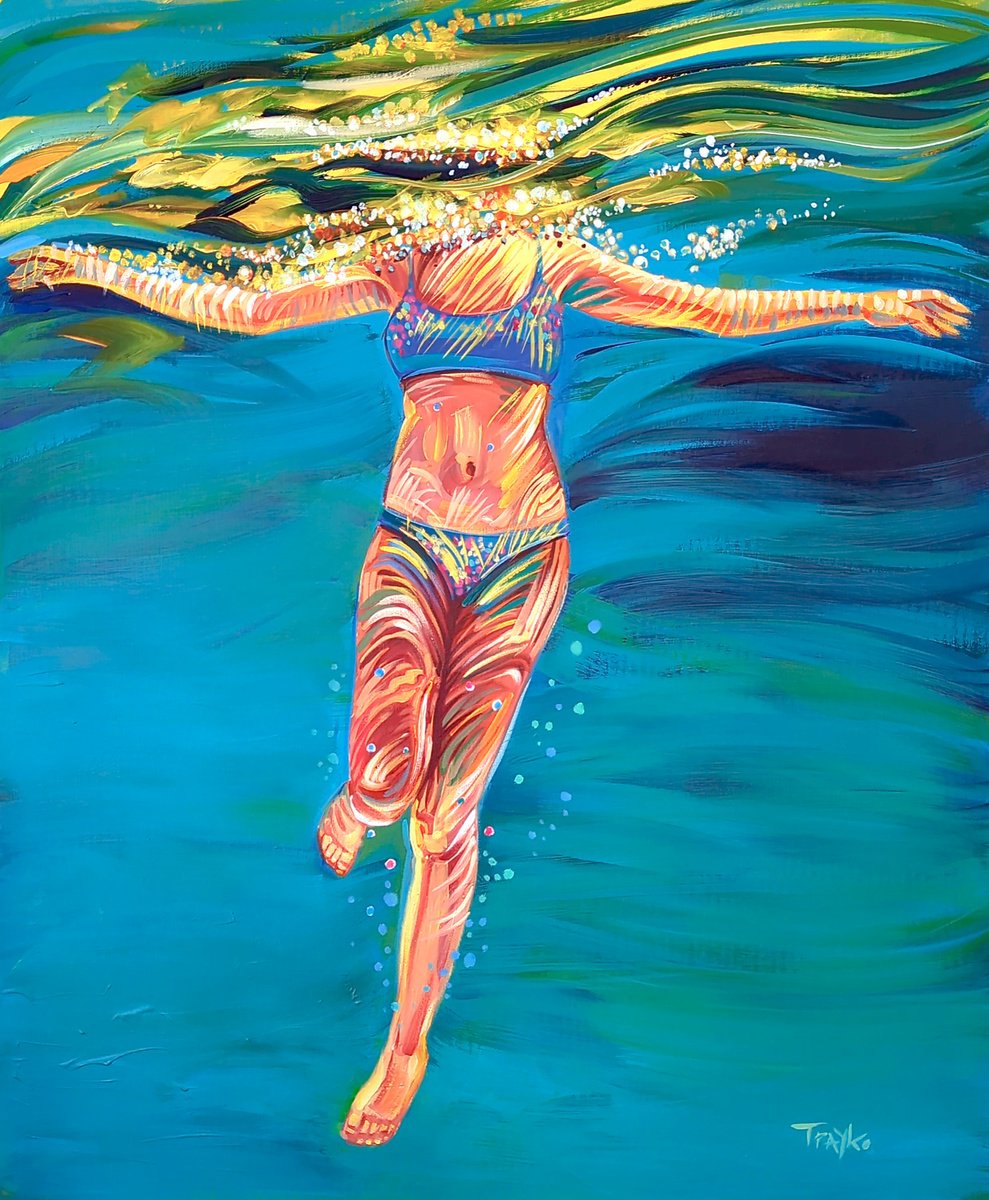Abstract Portrait Acrylic Painting By Trayko Popov, 33 X 39", Swimming In The Sea, Original Artwork