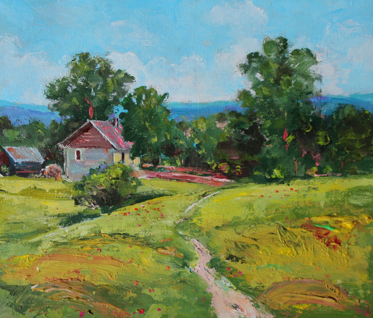 Impressionistic Landscape Acrylic Painting By Mir-Jan, 18 X 15", "Summer Landscape", Original Artwork