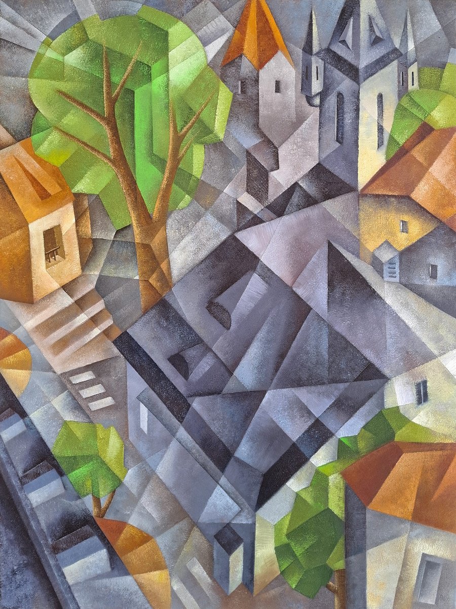 Geometric Cityscapes Oil Painting By Eugene Ivanov, 24 X 31, View From The Window, Original Artwork