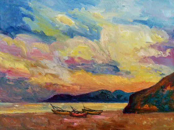 Resting, sunrise on sea in oil