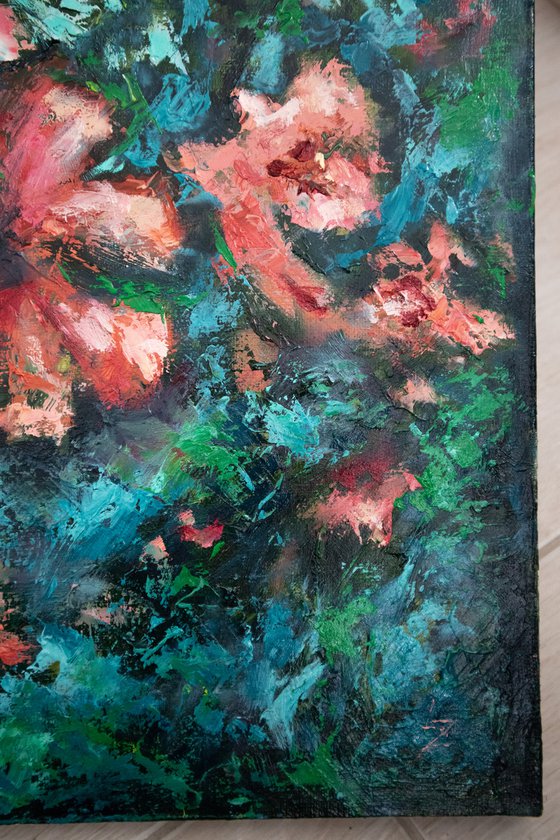 Coral oleanders | 50*60 cm | impasto volumetric oil painting of flowers