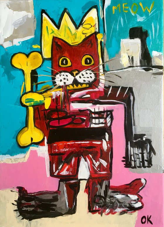 King Cat Troy  in a CROWN ( 71x 51cm, 28 x 20 inches,) version of famous painting by Jean-Michel Basquiat