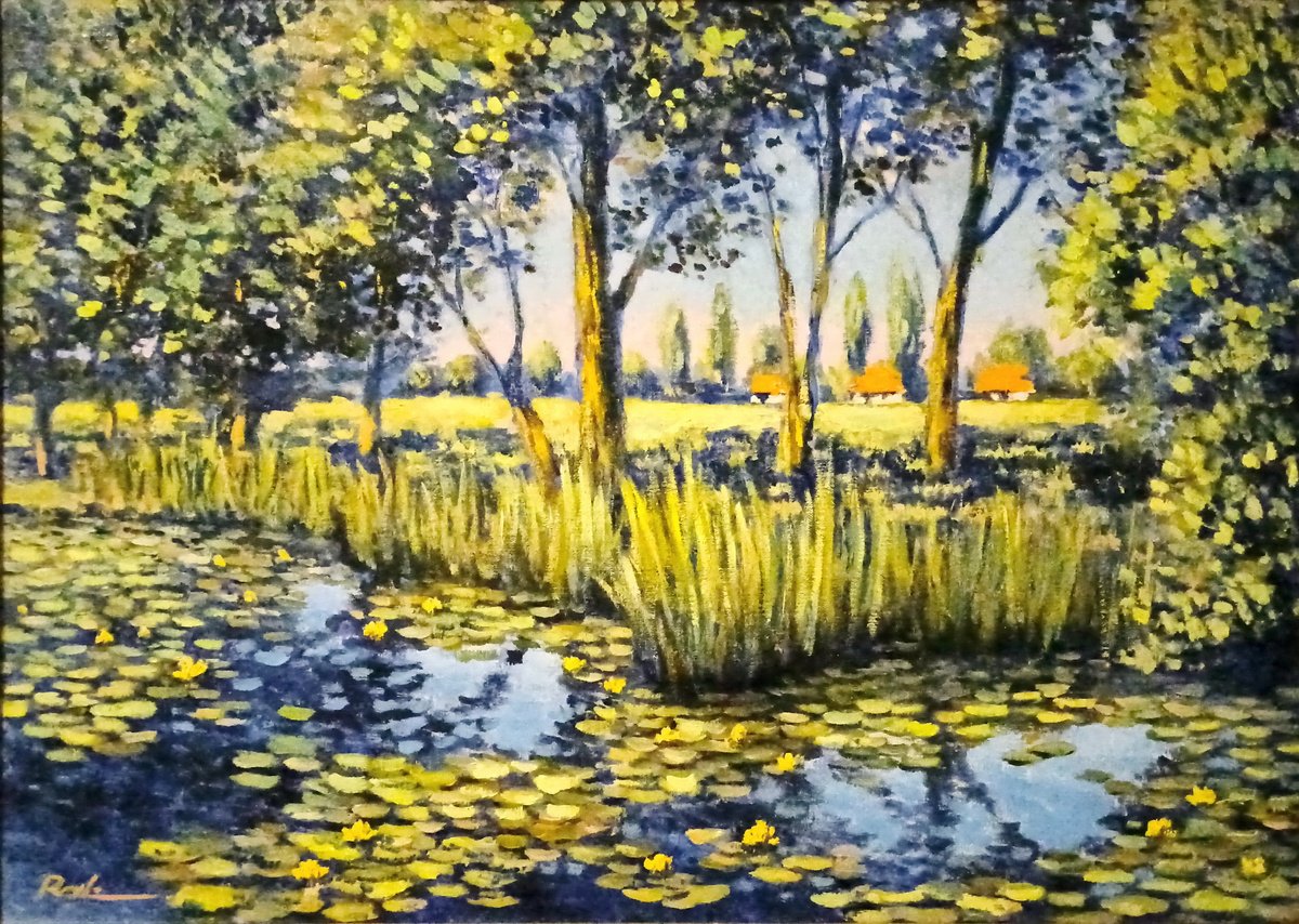 Impressionistic Landscape Oil Painting By Oleh Rak, 28 X 20", On The Shore Of The Pond, Original Artwork