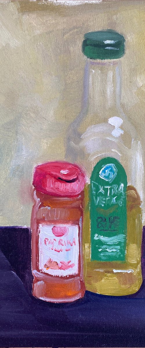 Still life with a bottle of olive oil and paprika by Dmitry Fedorov