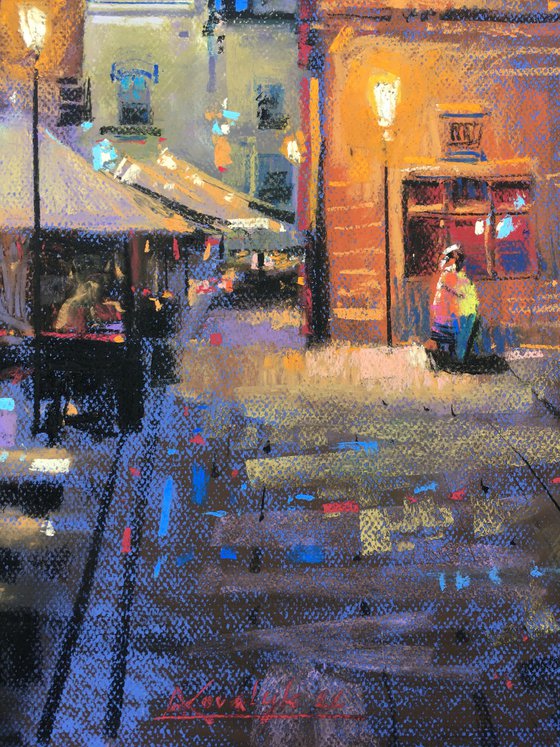 Night lights Ukrainian city of Lviv. Soft pastel drawing 25.5х12.7 inch (65x32.5 cm)