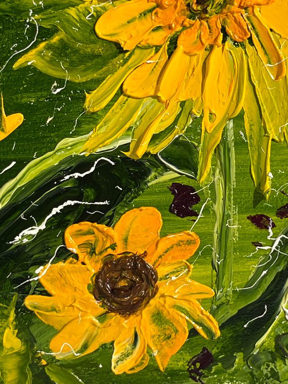 Sunflower Painting Floral Original Art Flower Small Oil Impasto Artwork 8 by 10" by Halyna Kirichenko