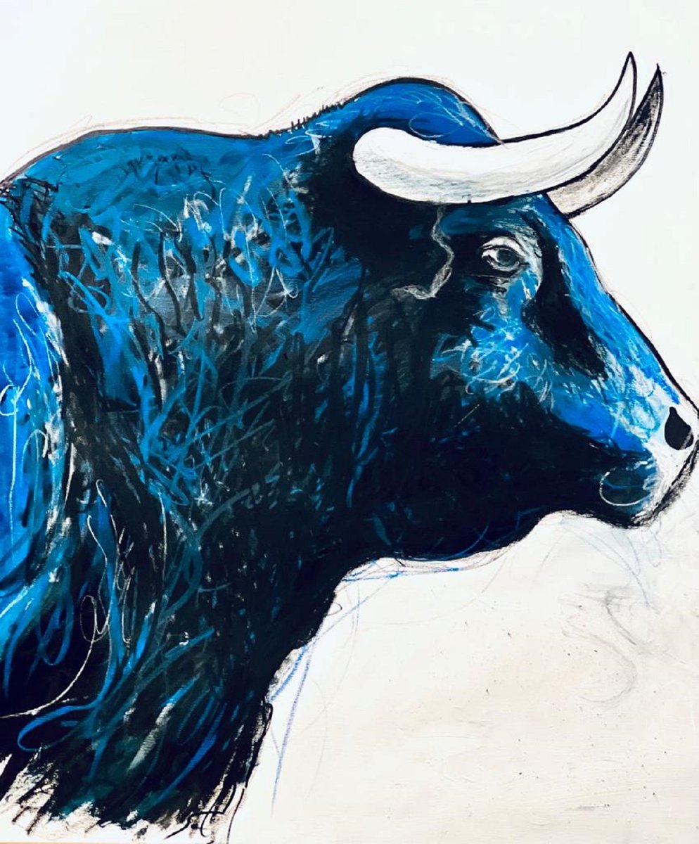 Expressive Animal Painting By Shabs Beigh, 30 X 36", Blue Bull Head 2, Original Artwork