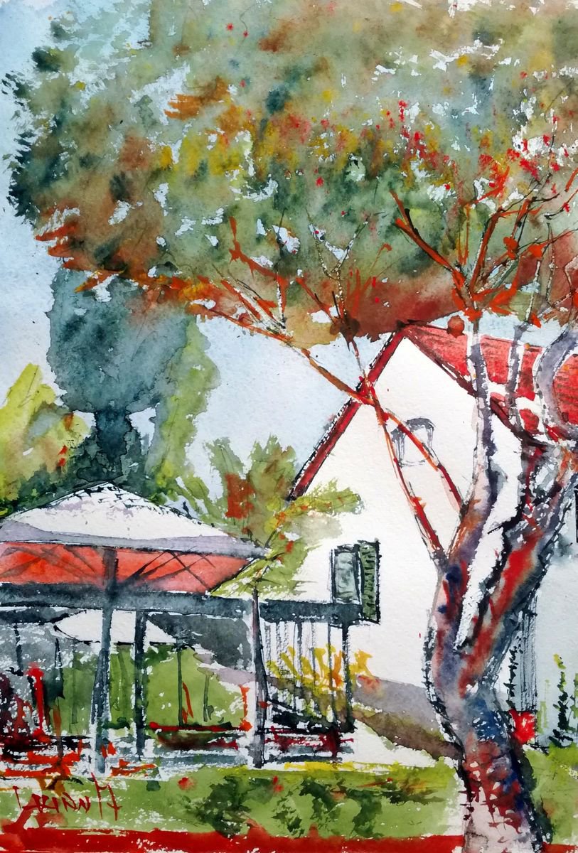 Impressionistic Cityscapes Watercolour By Leonid Kirnus, 12 X 17", Under The Tree, Original Artwork