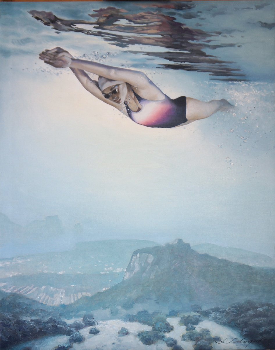 Surrealistic Portrait Oil Painting By Sergej Sologub, 25 X 32", Swimmer 2, Original Artwork