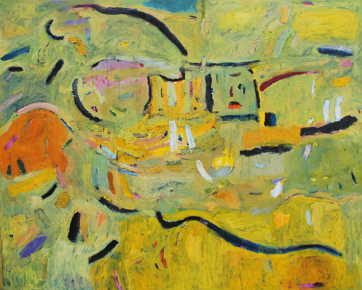 Expressive Abstract Oil Painting By Sergiy Dekalyuk, 59 X 47", Three Colors. Yellow, Original Artwork