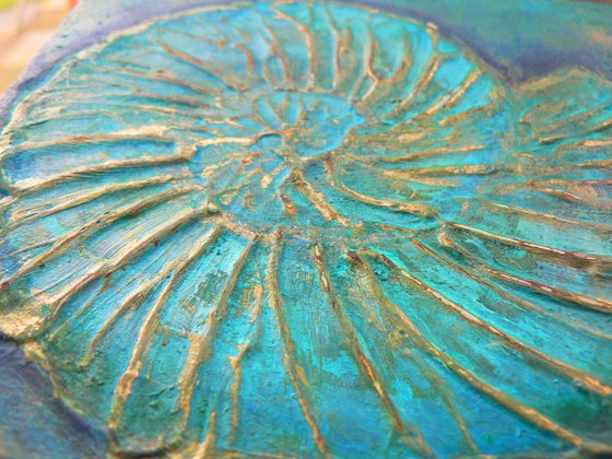 Fossil #1 (ammonite textured painting with gold highlights ) Framed ready to hang original