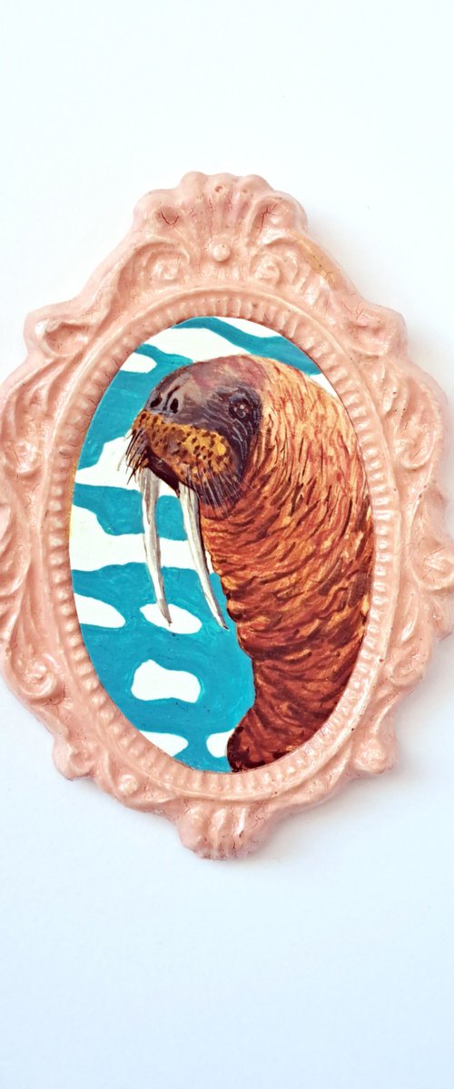 Walrus, part of framed animal miniature series "festum animalium" by Andromachi Giannopoulou