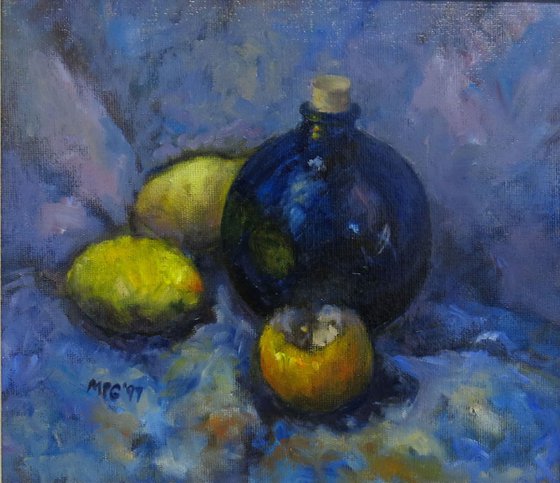 Blue bowl, pomegranite and lemons