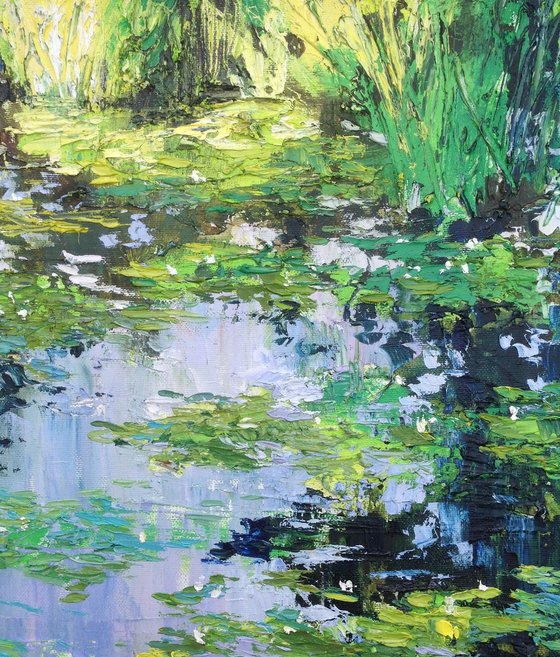 Abstract water lilies pond oil painting landscape river sunlight