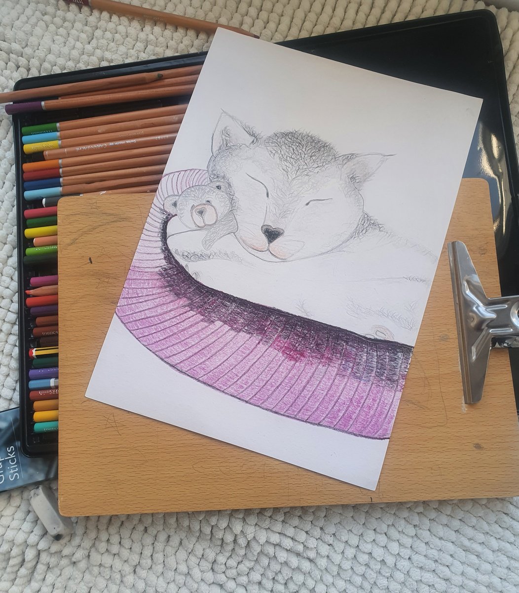 Cuddling with Teddy | Cat Drawing with Pencil and Watercolour Pencils A4 Size by Kumi Muttu