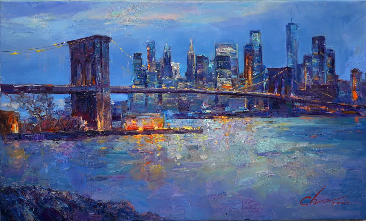 Impressionistic Cityscapes Oil Painting By Serhii Cherniakovskyi, 39 X 24", Evening Brooklyn Bridge, Original Artwork