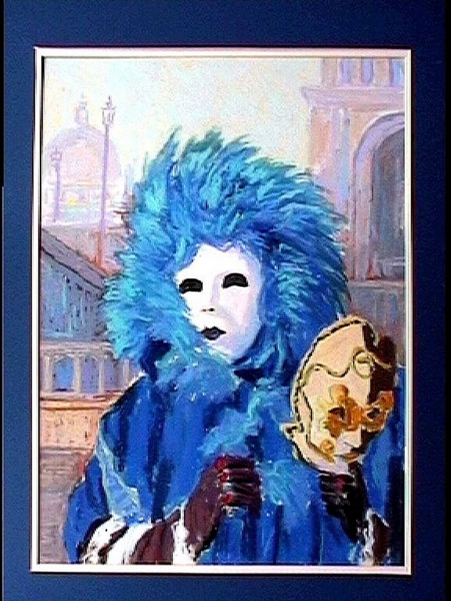 venice carnival figure with blue feathers by Colin Ross Jack