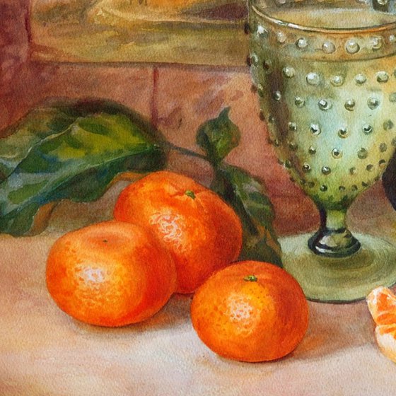 Still life with a green bottle and tangerines