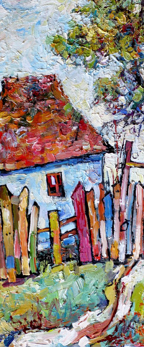 House and fence at the crossroads . by Nikifor Swiristuhin