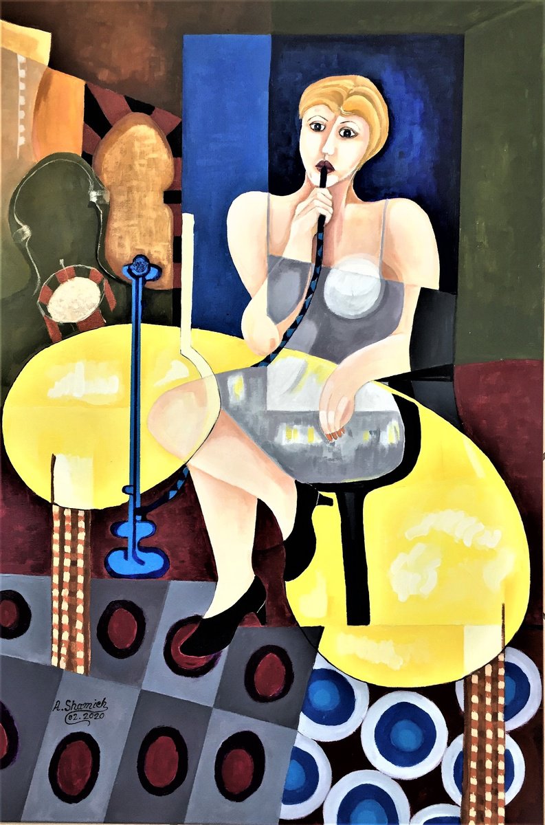 Expressive Portrait Acrylic Painting By Abdelrahman Shamieh, 24 X 35, Hookah (Nargela), Original Artwork