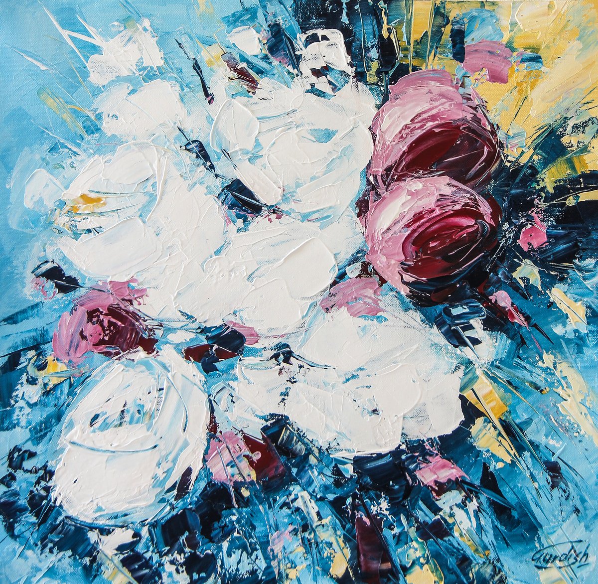 Abstract Acrylic Painting By Artist Gurdish Pannu, 18 X 18, Ecstatic White Flowers, Original Artwork