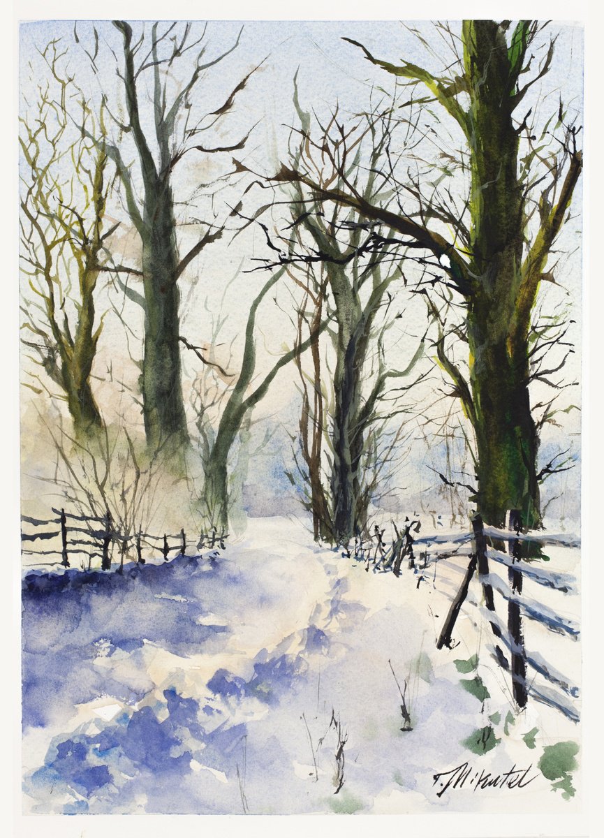 Impressionistic Watercolour , Silent Winter Path By Tomasz Mikutel, 11 X 15, Artwork For Sale On Artfinder