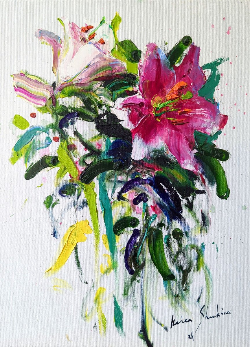 Expressive Botanical Oil Painting By Helen Shukina, 14 X 20, Lilies A La Prima Minimalist, Original Artwork