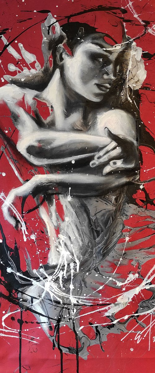 "Flamenco red" 45x75x2cm, original oil and acrylic large painting on fabric.Ready to hang. by Elena Kraft