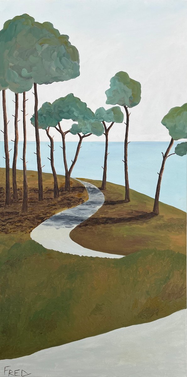 Impressionistic Landscape Oil Painting By Cadiou Frederic, 18 X 33, The Coastal Path, Original Artwork