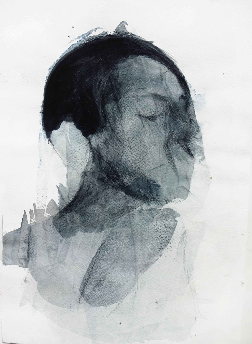 Expressive Portrait Drawing By Cynthia Gregorova, 11 X 15, Untitled 4 (It´s Just In The Head), Original Artwork