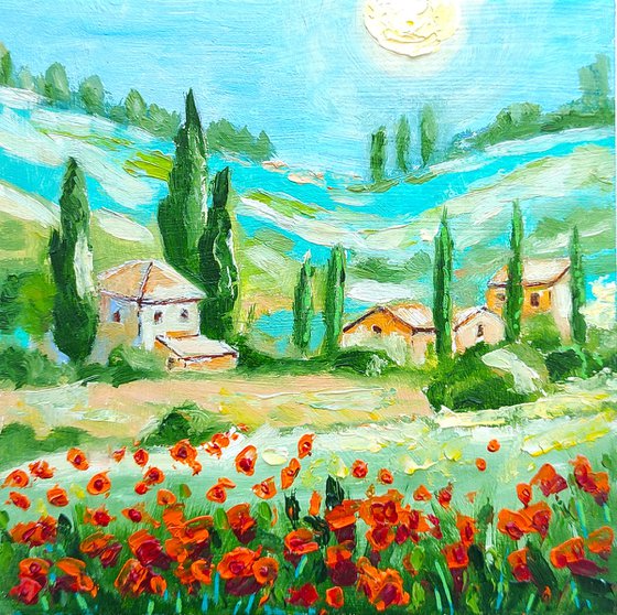 Tuscany Landscape Painting Poppy Meadow Original Art  Oil Painting