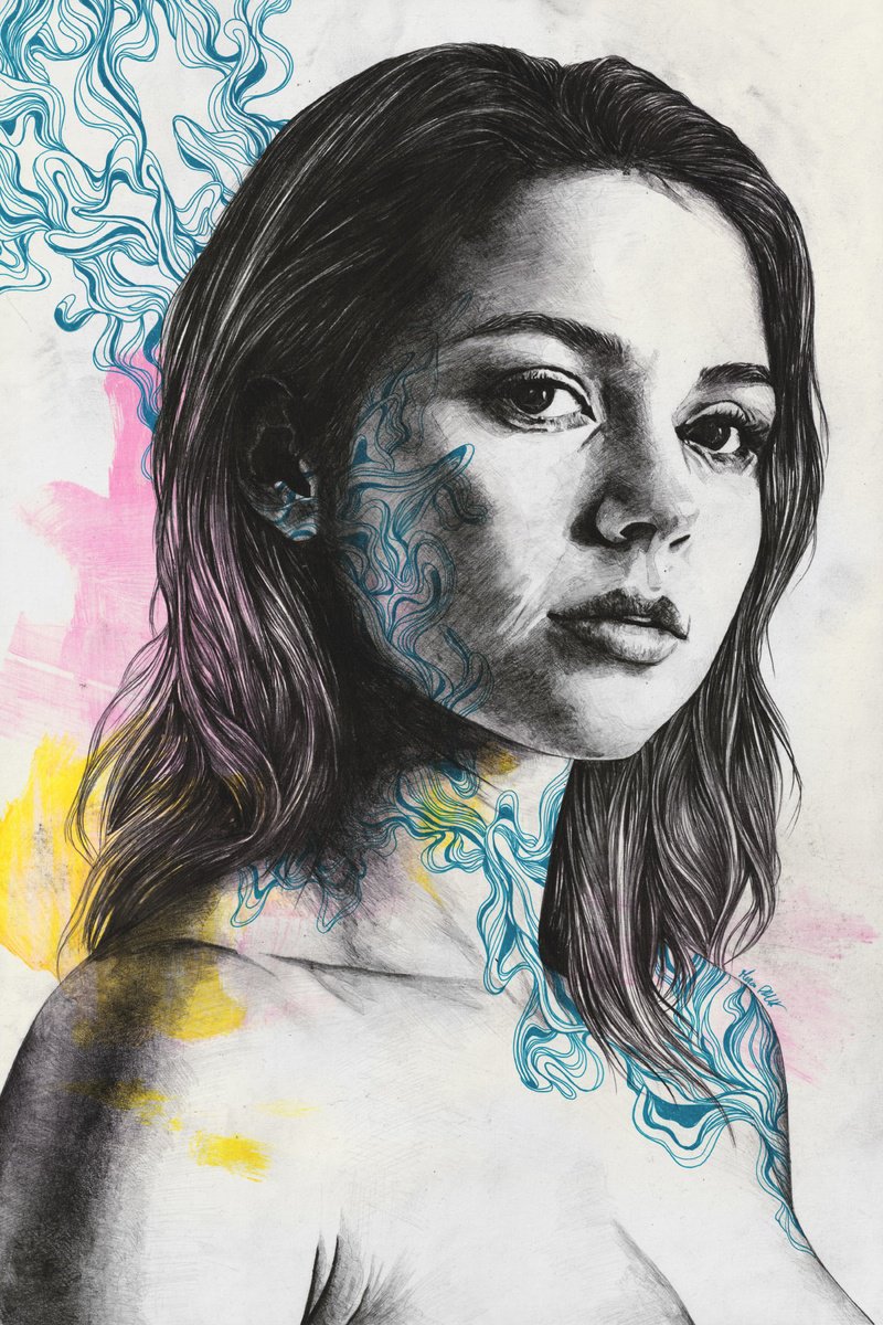 Expressive Portrait Pencil Drawing By Marco Paludet, 16 X 24", We