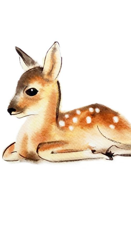 Lying Fawn - Baby Deer by Olga Beliaeva Watercolour
